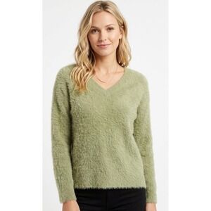 Rachel Zoe Sage Green Fuzzy V-Neck Sweater Long Sleeve Soft Knit Pullover Medium